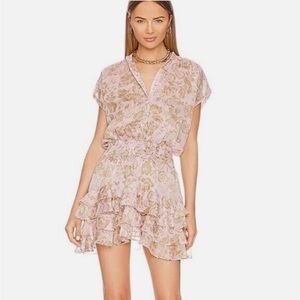 NWT MISA Evie Floral Ruffle Hem Smocked Waist Mini Dress Pink Size M